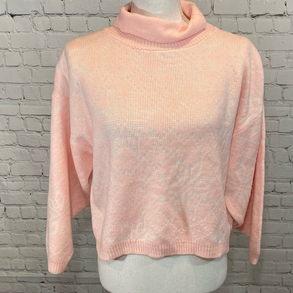 YOU SAY (by Nuggets) Vintage 80's Turtleneck Sweater Snowflake Pink/White-S/M